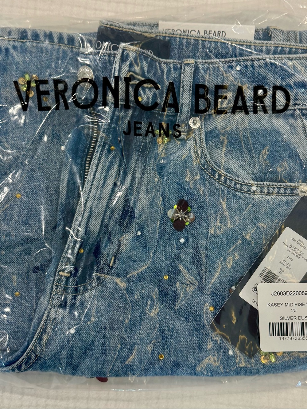 Veronica Beard Blue Denim Kasey Jeans, mid rise Floral Sequin accents NWT 26
